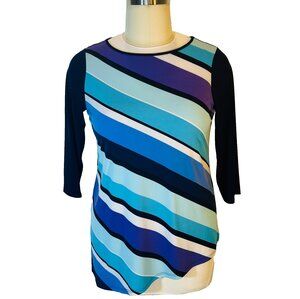 Susan Graver Top Tunic Womens L Boat Neck 3/4 Sleeve Diagonal Print Stretch